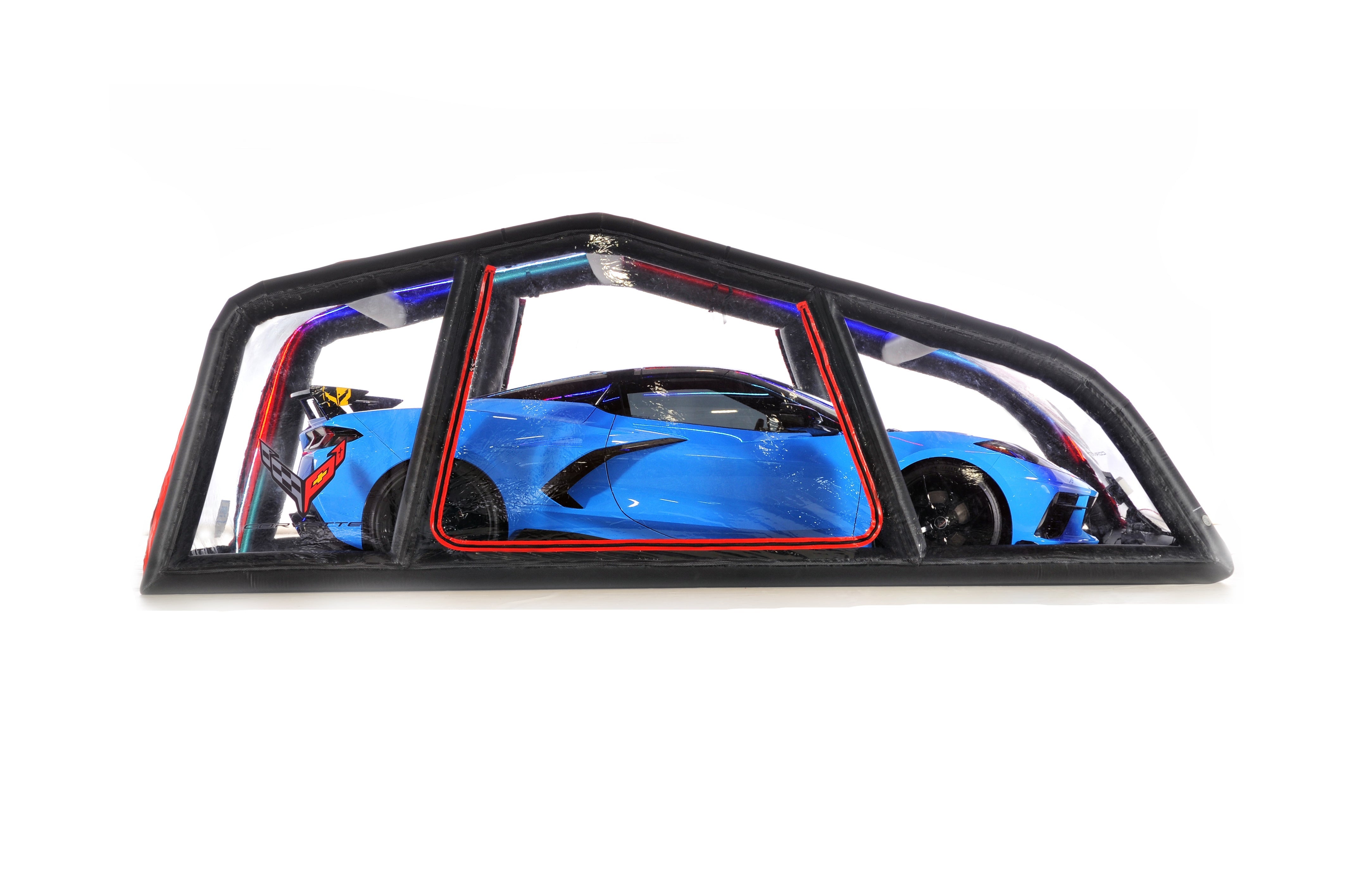 Blue sports car model inside a transparent black frame on a white background