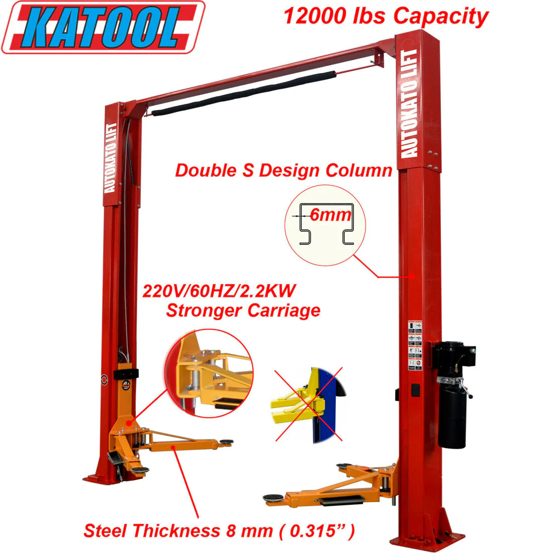 KT-M120 Two Post Clear-floor Vehicle Lift 12,000lbs Capacity