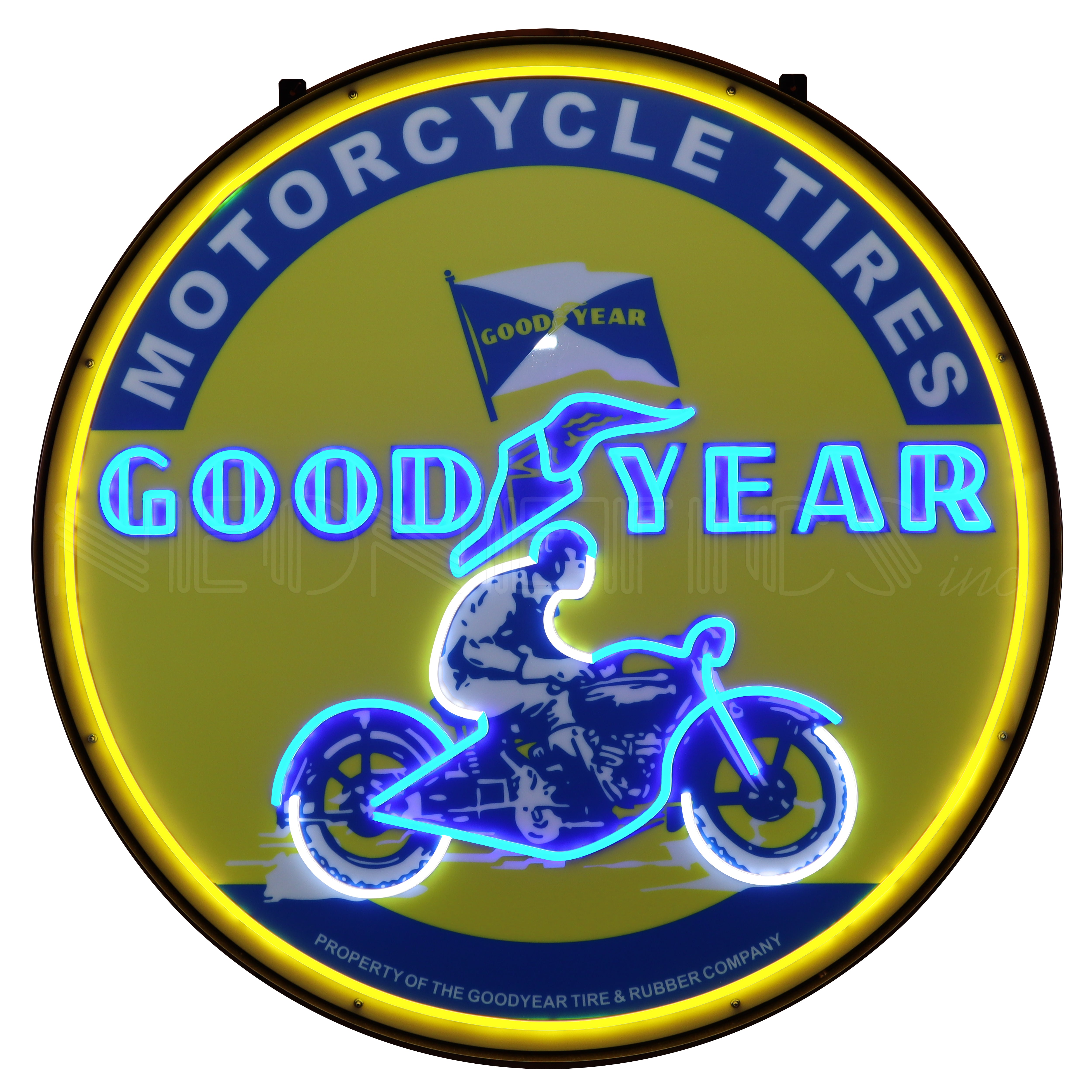 GOODYEAR VINTAGE MOTORCYCLE ROUND 36 INCH LED FLEX-NEON SIGN IN STEEL CAN