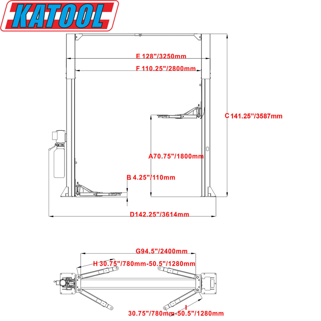 KT-M110 Two Post Clear Floor Lift 11,000lbs Capacity