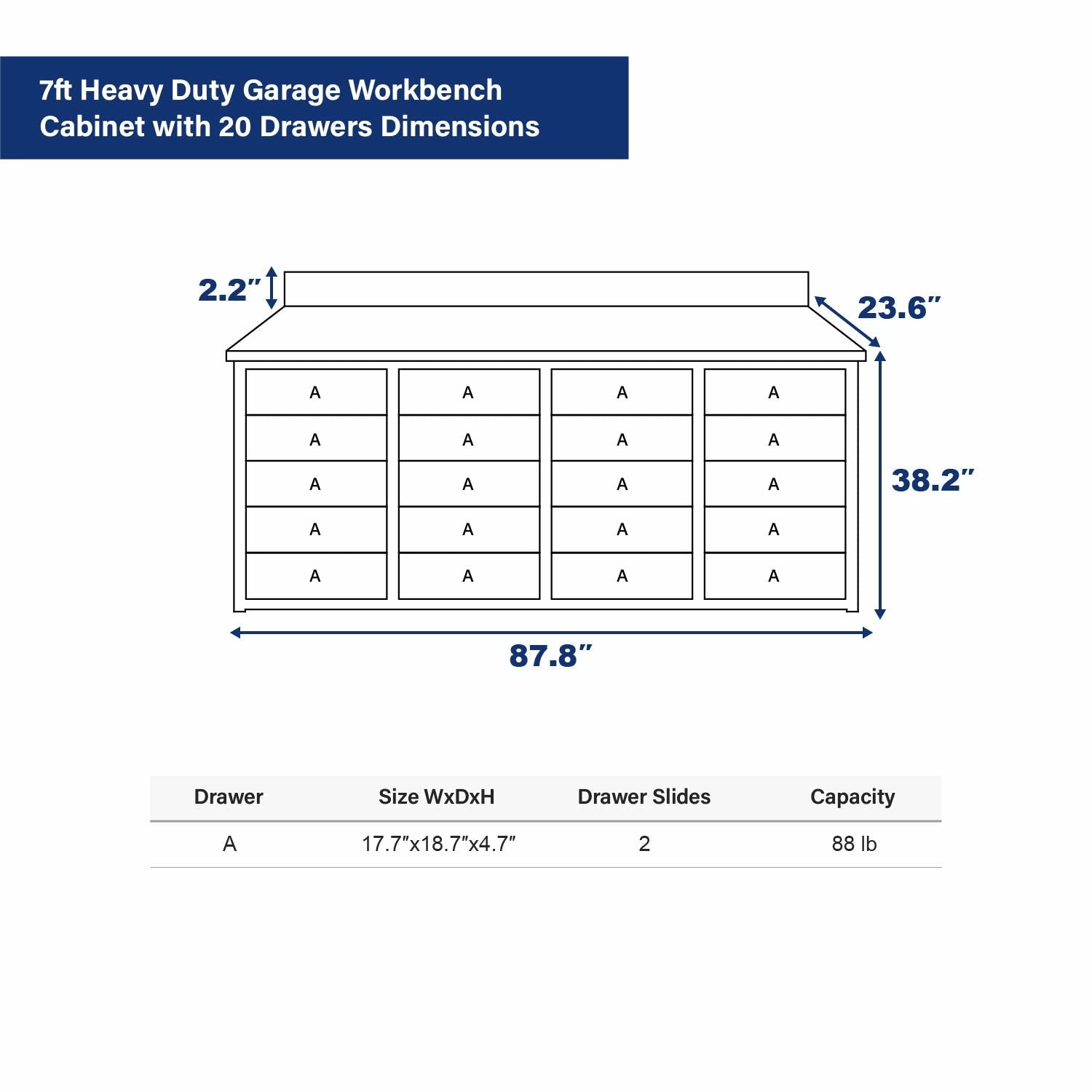 7ft Heavy Duty Workbench Cabinet with 20 Drawers - Garage Rebel