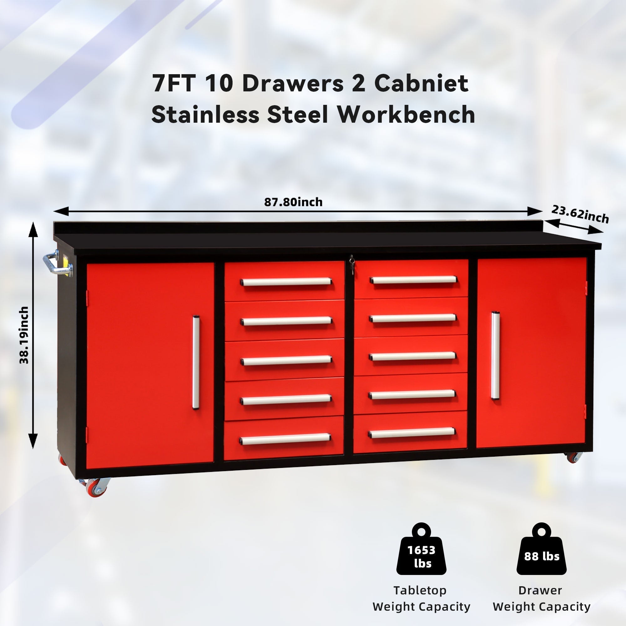 7ft Heavy Duty Workbench with 10 Drawers & 2 Cabinets - Garage Rebel