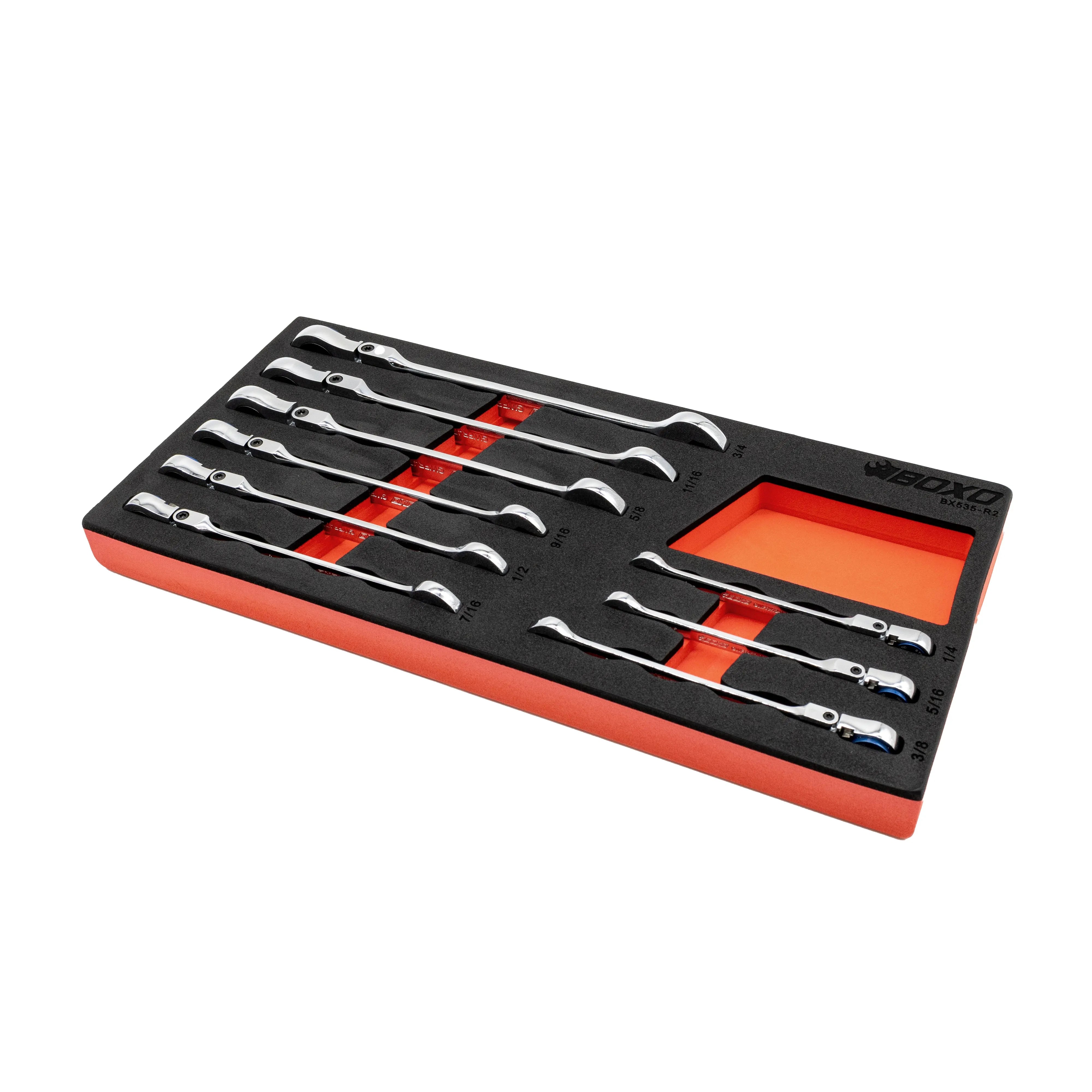 9-Piece Flex Head 100T SAE Ratcheting Combination Wrench Set with Magnetic Stop Ring and Grip Open End | 1/3rd EVA Foam