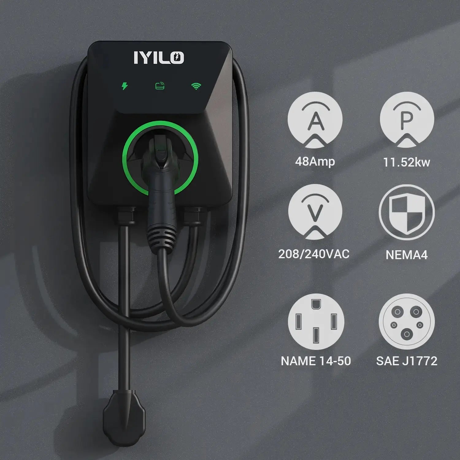 IYILO EV Charger Level 2 NEMA 14-50 J1772 Wall-Mounted Plug In (48A)
