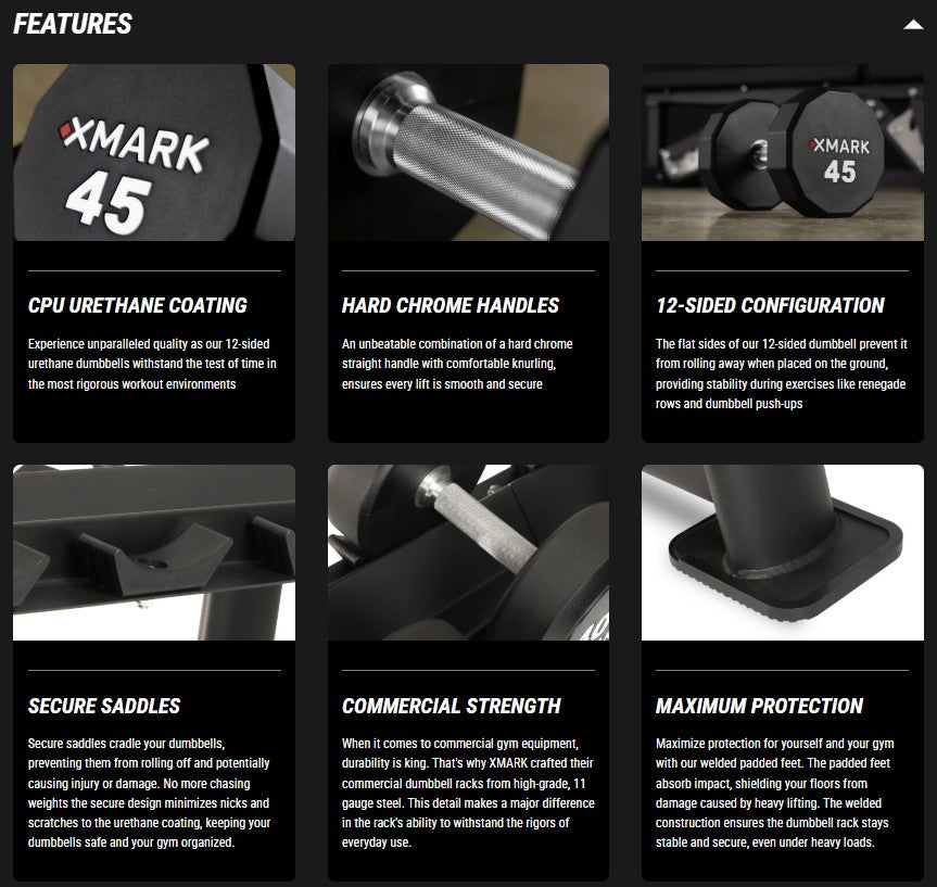 12-Sided Commercial Urethane Dumbbells (5-50 lb and 5-75 lb Sets)