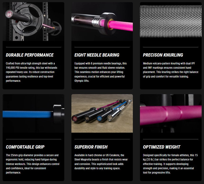 Steel Magnolia, IWF Women’s Training Bar 190,000 PSI, 15kg US Cerakote