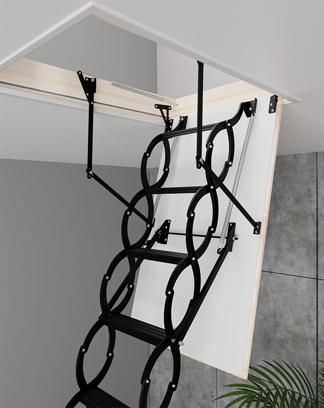 COMP Metal Insulated Scissors Attic Ladder 9 ft - 9.5 ft (Rough Opening: 24.25" x 32.25") with 352 - lb Load Capacity - Garage Rebel