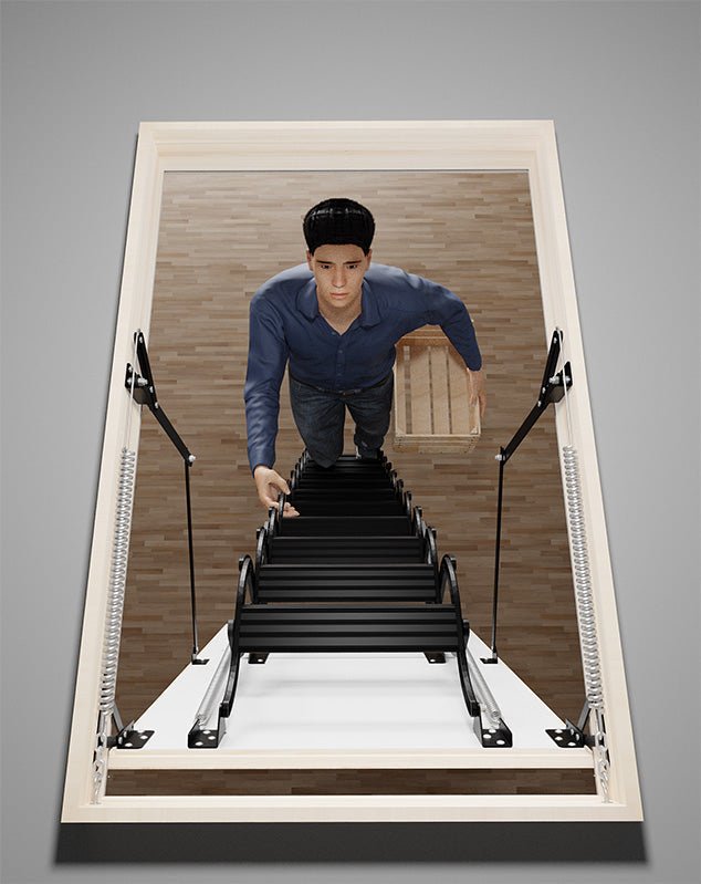 COMP Metal Insulated Scissors Attic Ladder 9 ft - 9.5 ft (Rough Opening: 24.25" x 32.25") with 352 - lb Load Capacity - Garage Rebel