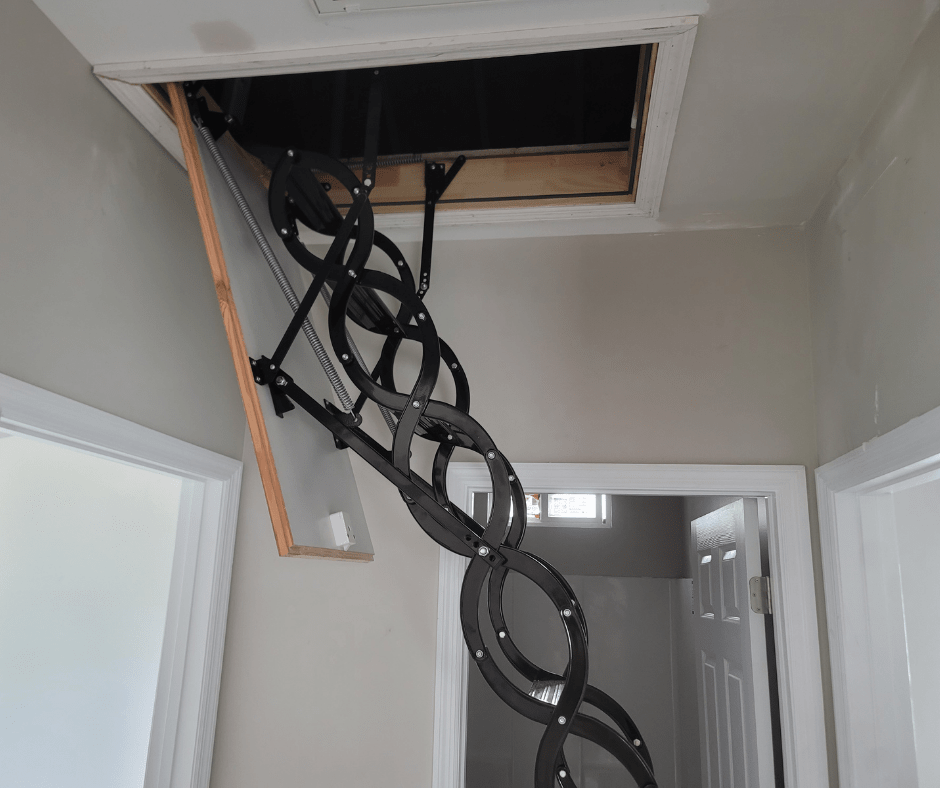 COMP Metal Insulated Scissors Attic Ladder 9 ft - 9.5 ft (Rough Opening: 24.25" x 32.25") with 352 - lb Load Capacity - Garage Rebel