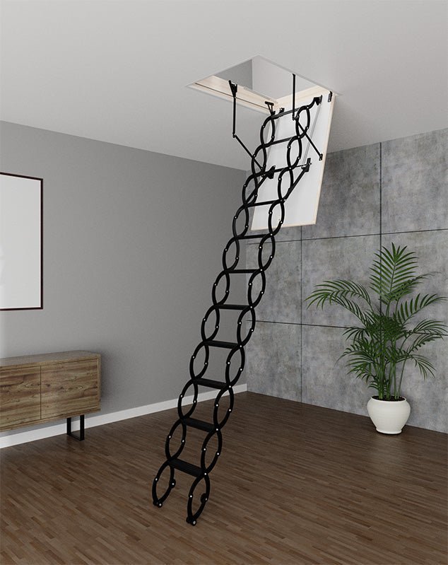 COMP Metal Insulated Scissors Attic Ladder 9 ft - 9.5 ft (Rough Opening: 24.25" x 39.75") with 352 - lb Load Capacity - Garage Rebel