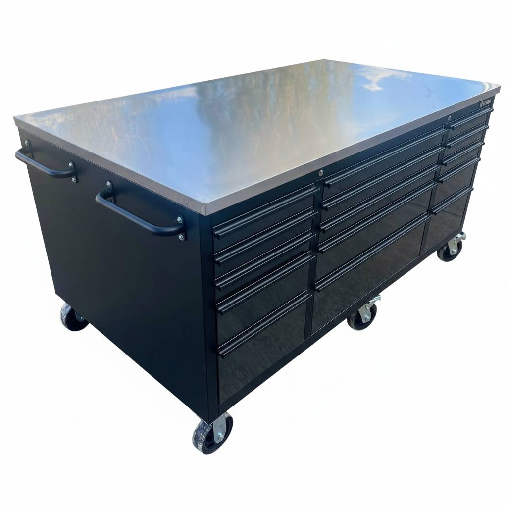 Large Steel 71" Garage Island Workbench – Stainless Steel Top - Garage Rebel