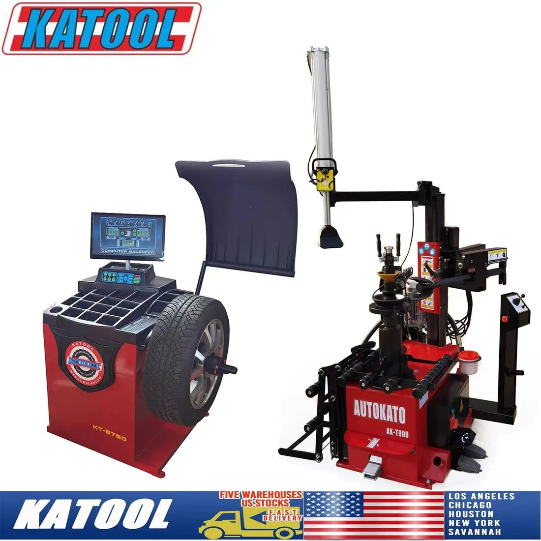 Katool automatic hydraulic tire changer AK-T900 wheel balancer KT-B750 combo leverless center 30 w/ adaptors
