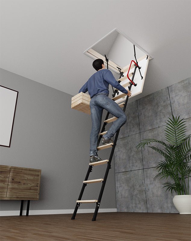 UNI Metal Insulated Folding Attic Ladder 8 ft - 8.5 ft (Rough Opening: 22.5" x 32") with 352 - lb Load Capacity - Garage Rebel