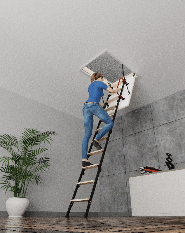 UNI Metal Insulated Folding Attic Ladder 8 ft - 8.5 ft (Rough Opening: 32.25" x 32.25") with 352 - lb Load Capacity - Garage Rebel