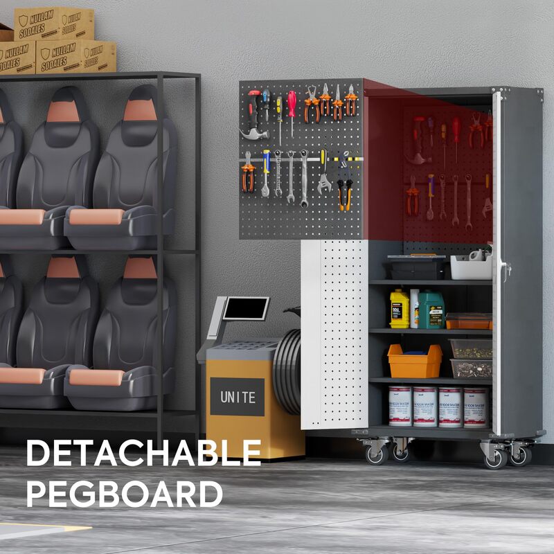 SC6C-WP Classic Rolling Metal Storage Cabinet with Hooks and Pegboard
