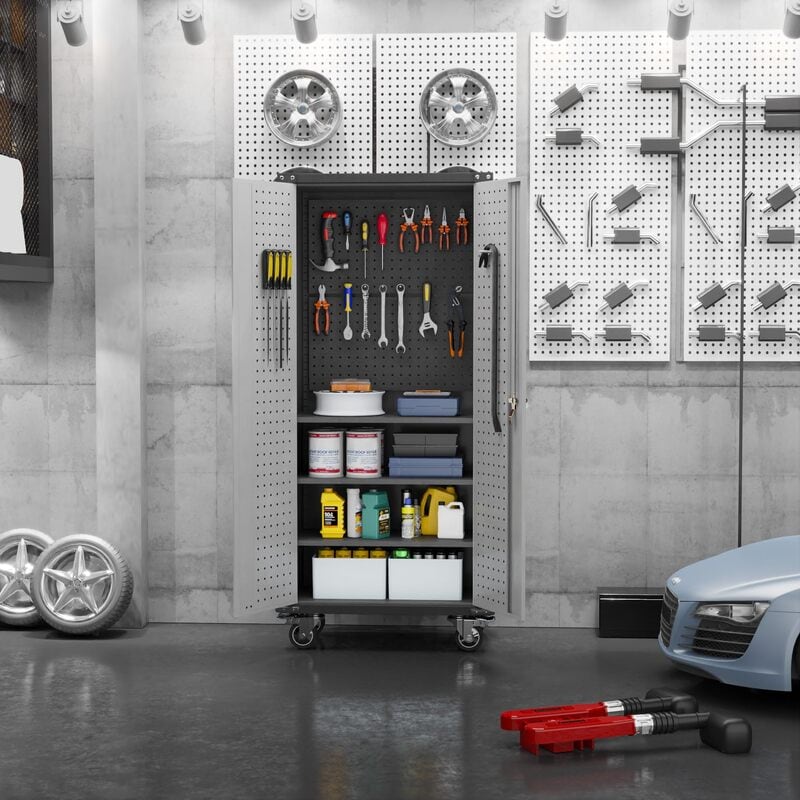 SC6C-WP Classic Rolling Metal Storage Cabinet with Hooks and Pegboard