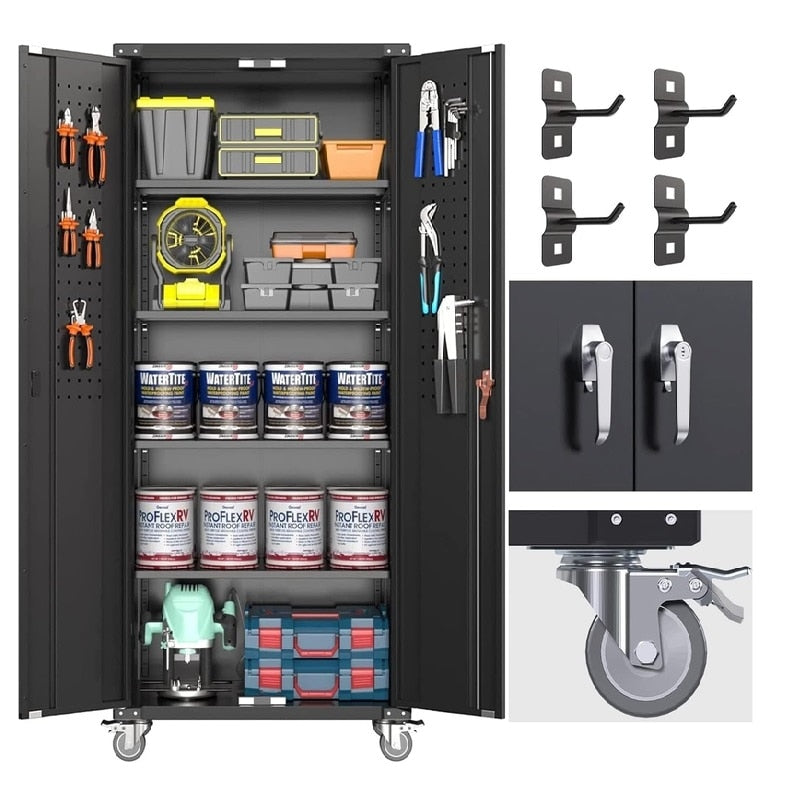SC6C-WP Classic Rolling Metal Storage Cabinet with Hooks and Pegboard