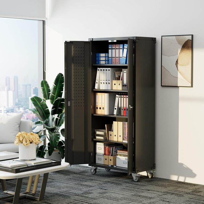 SC6C-WP Classic Rolling Metal Storage Cabinet with Hooks and Pegboard