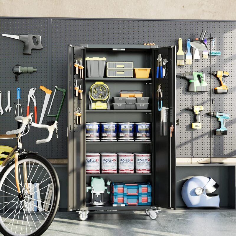SC6C-WP Classic Rolling Metal Storage Cabinet with Hooks and Pegboard