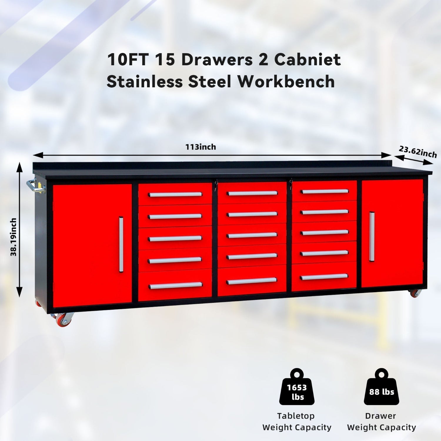 10ft Workbench Storage Cabinet with 15 Drawers & 2 Cabinets - Garage Rebel