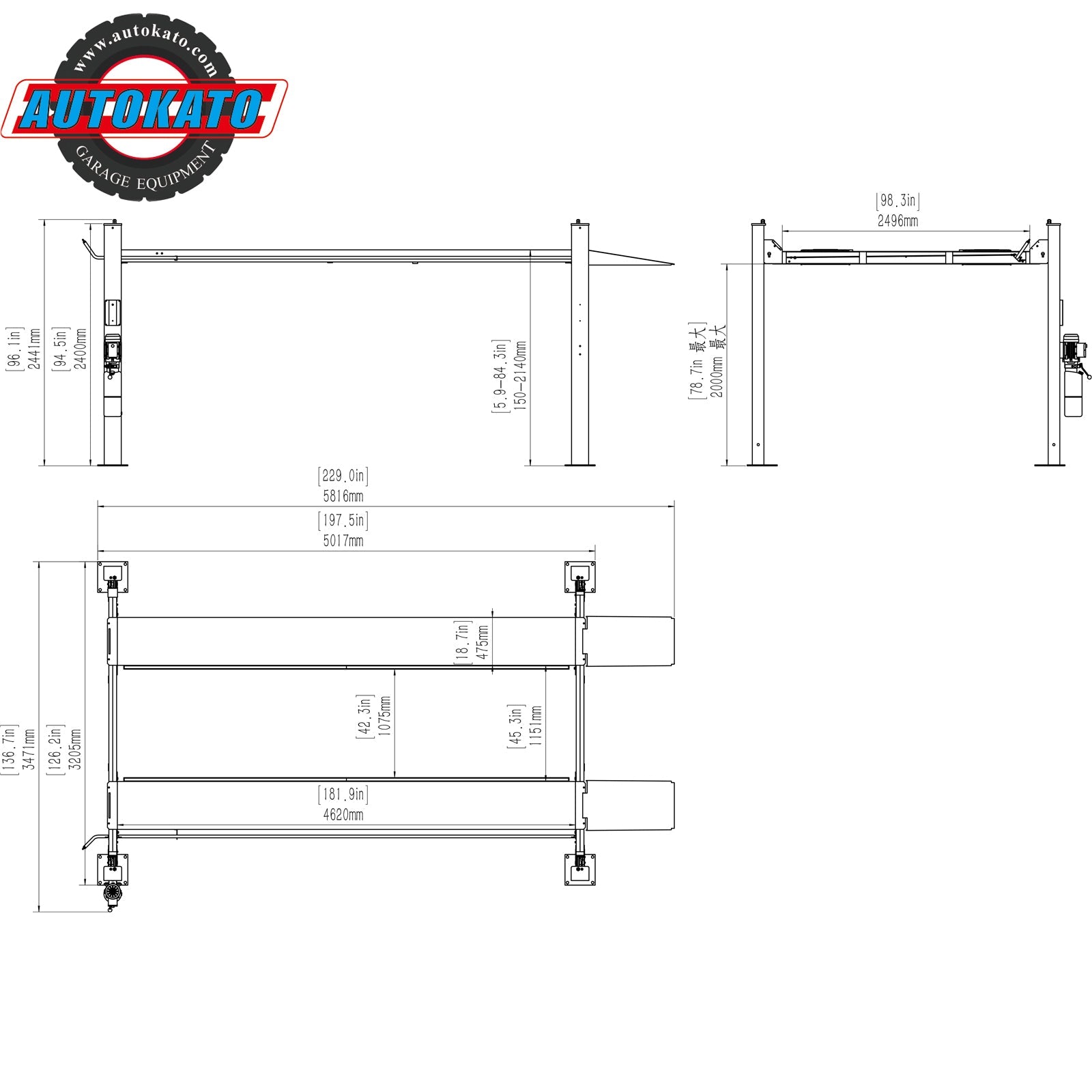KT-4H110 4 Post/ four Post Vehicle Lift 11,000lbs