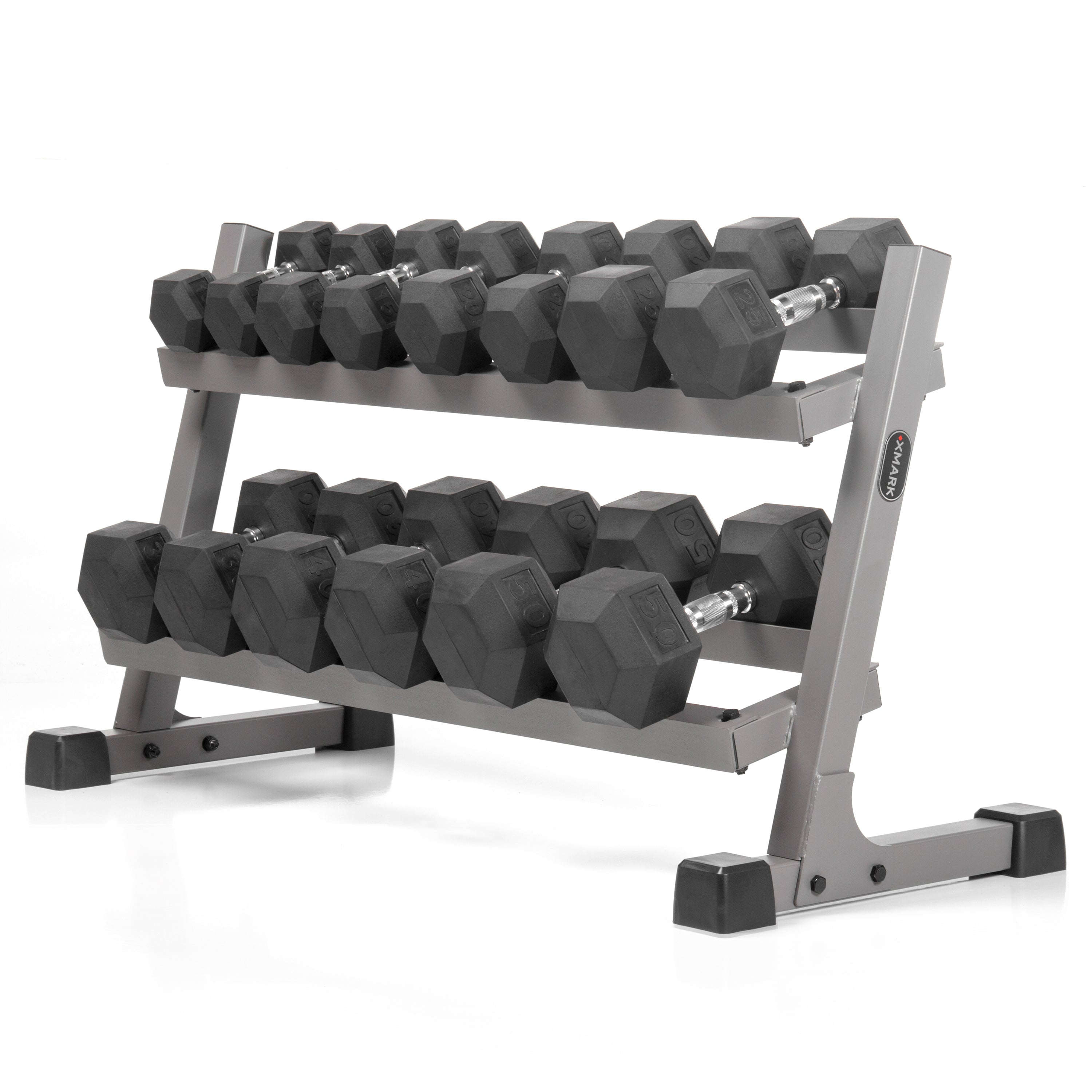 10 to 50 lbs. Rubber Hex Dumbbell Pairs Includes 2-Tier Storage Rack