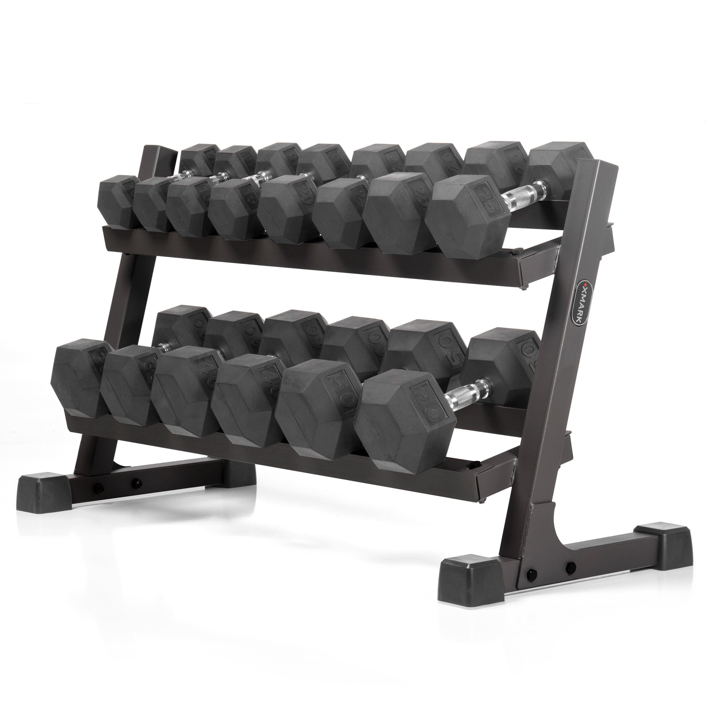 10 to 50 lbs. Rubber Hex Dumbbell Pairs Includes 2-Tier Storage Rack