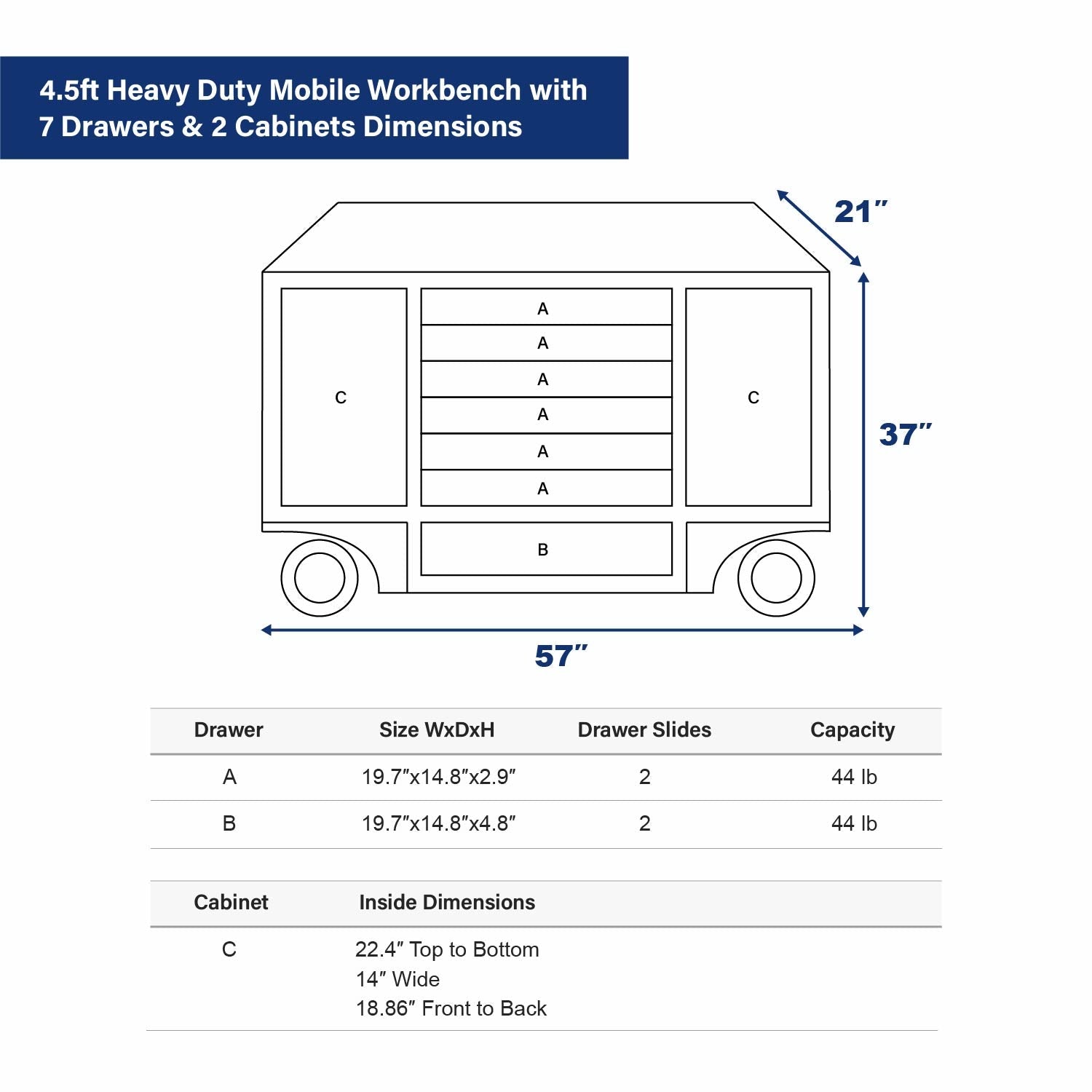 4.5ft Heavy Duty Mobile Workbench with 7 Drawers & 2 Cabinets - Garage Rebel