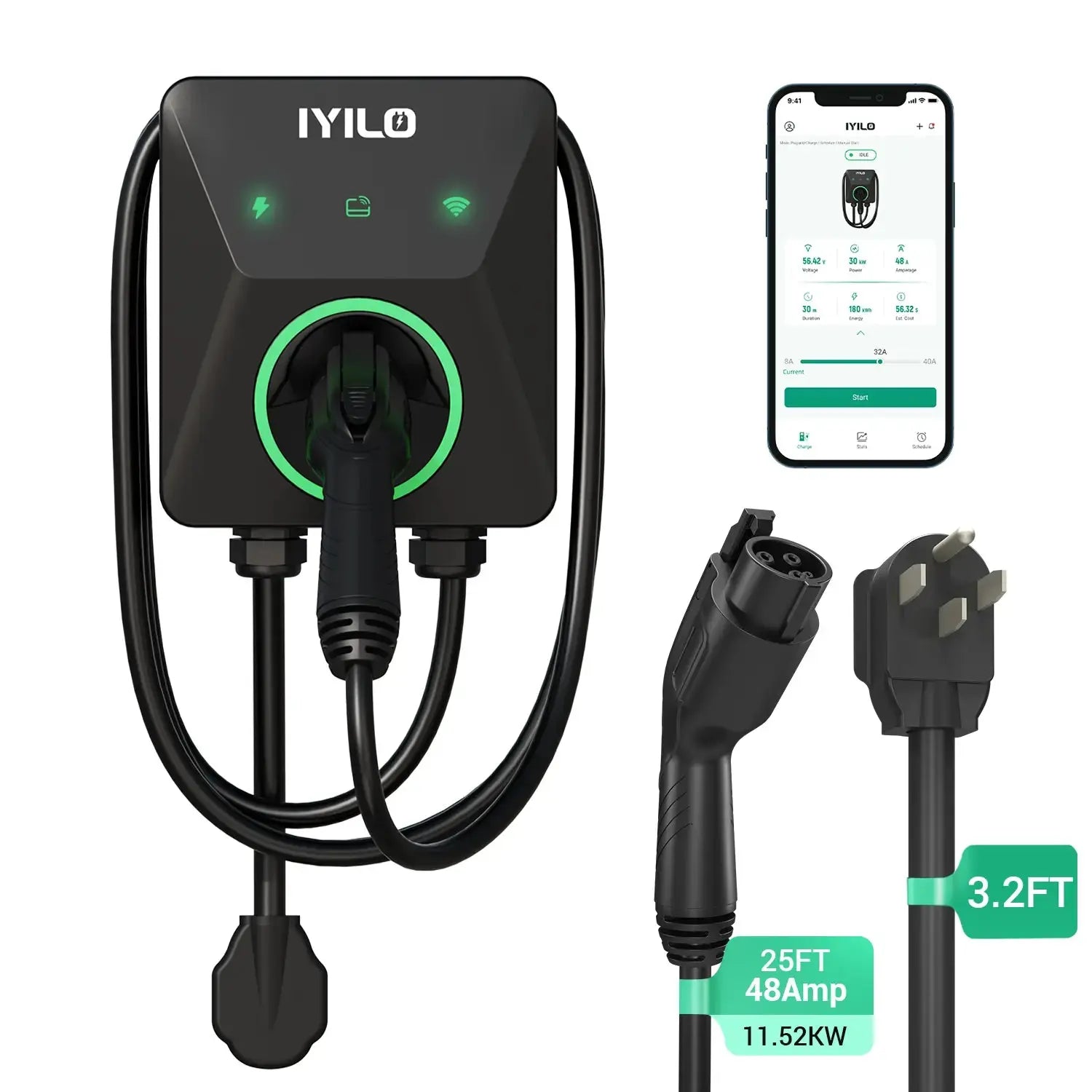 IYILO EV Charger Level 2 NEMA 14-50 J1772 Wall-Mounted Plug In (48A)