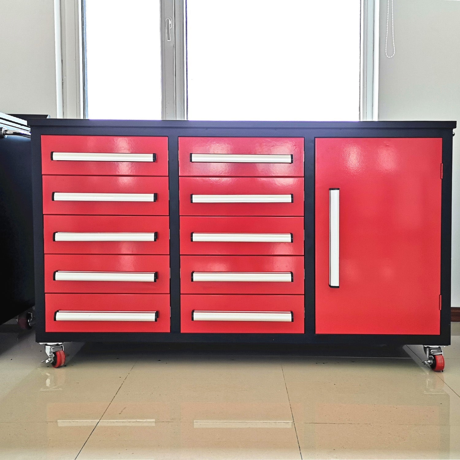 5.5ft Heavy Duty Mobile Workbench with Cabinet & 10 Drawers - Garage Rebel