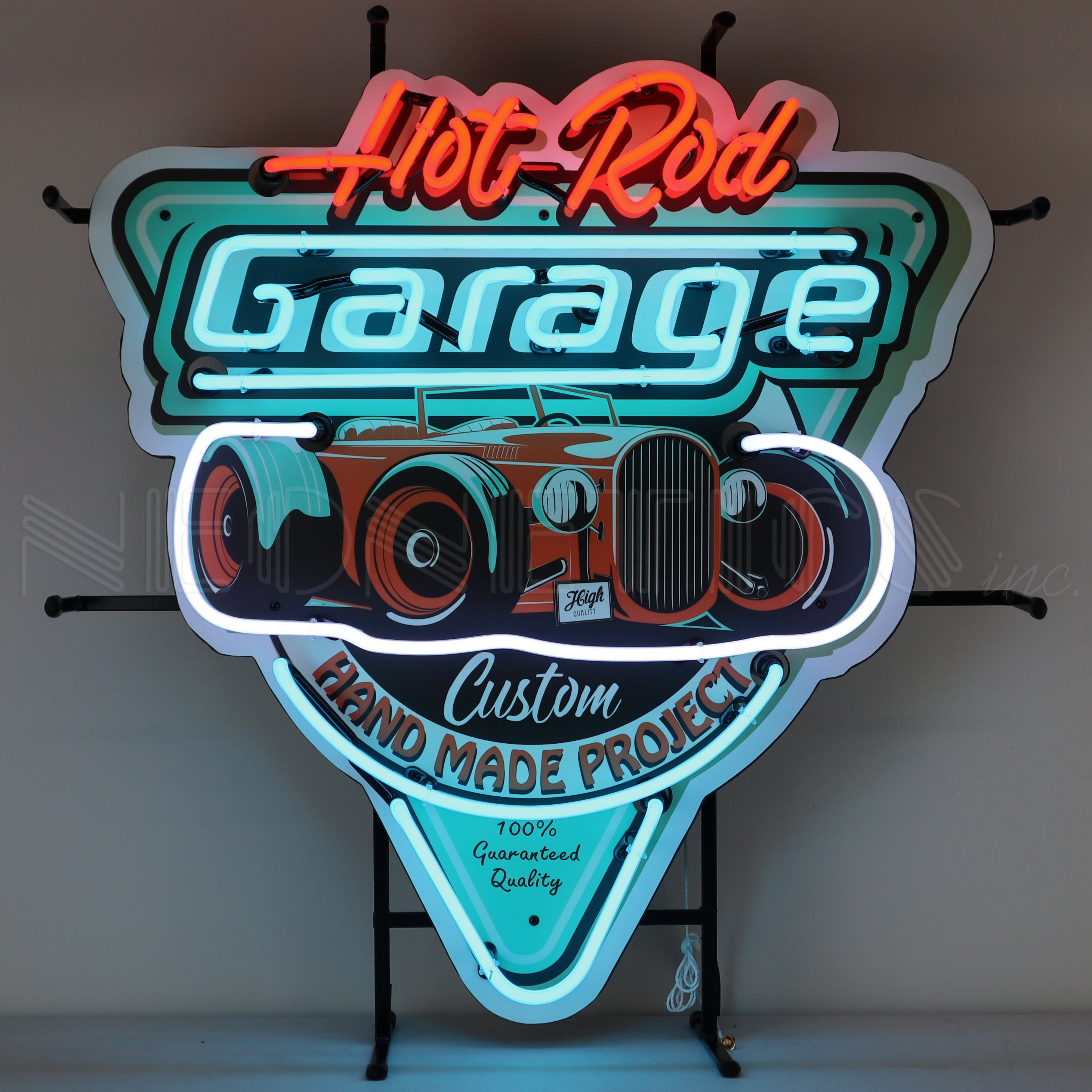 HOT ROD GARAGE TEAL NEON SIGN WITH BACKING