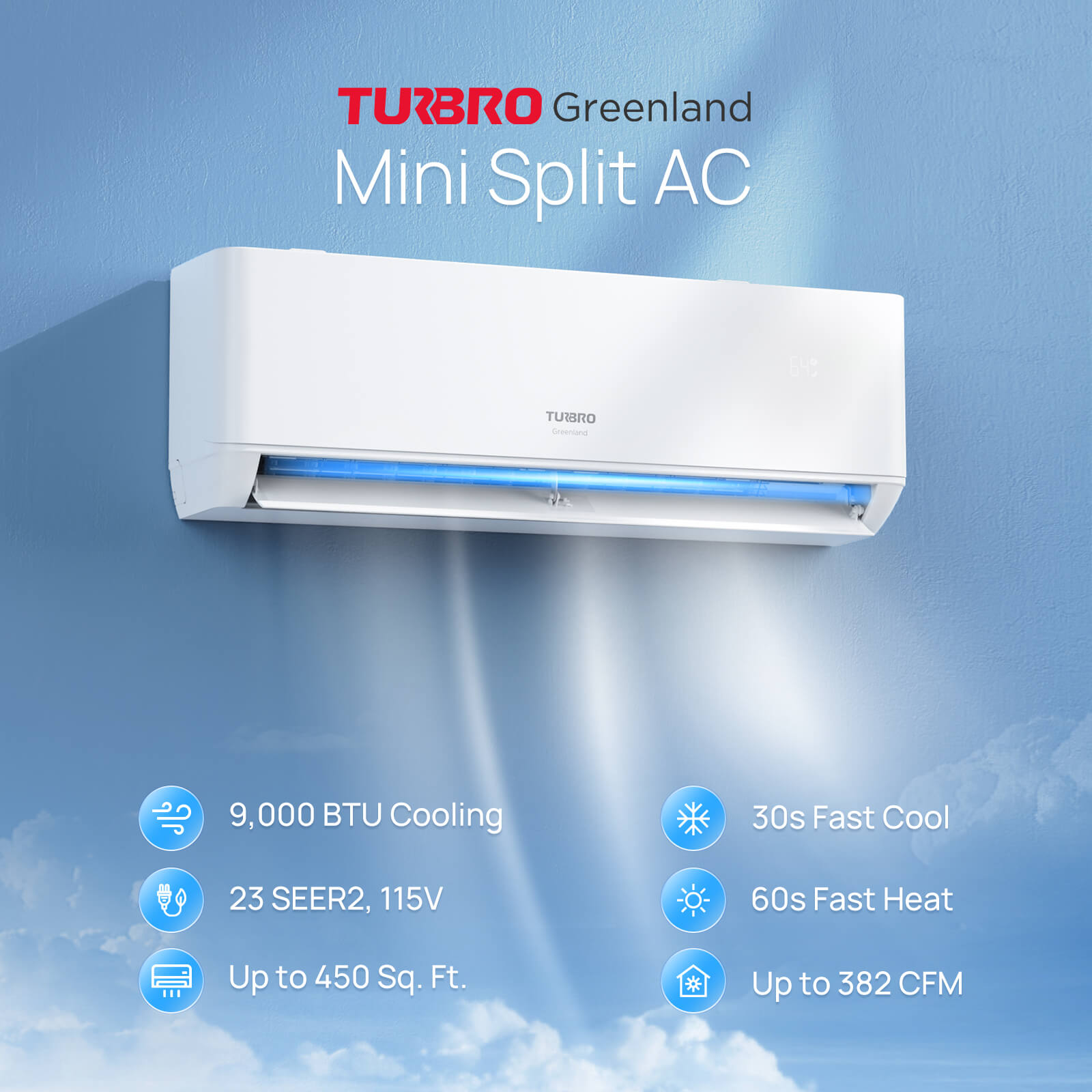 Greenland 9,000 BTU WiFi Ductless Mini Split AC with Heat Pump (R454B)