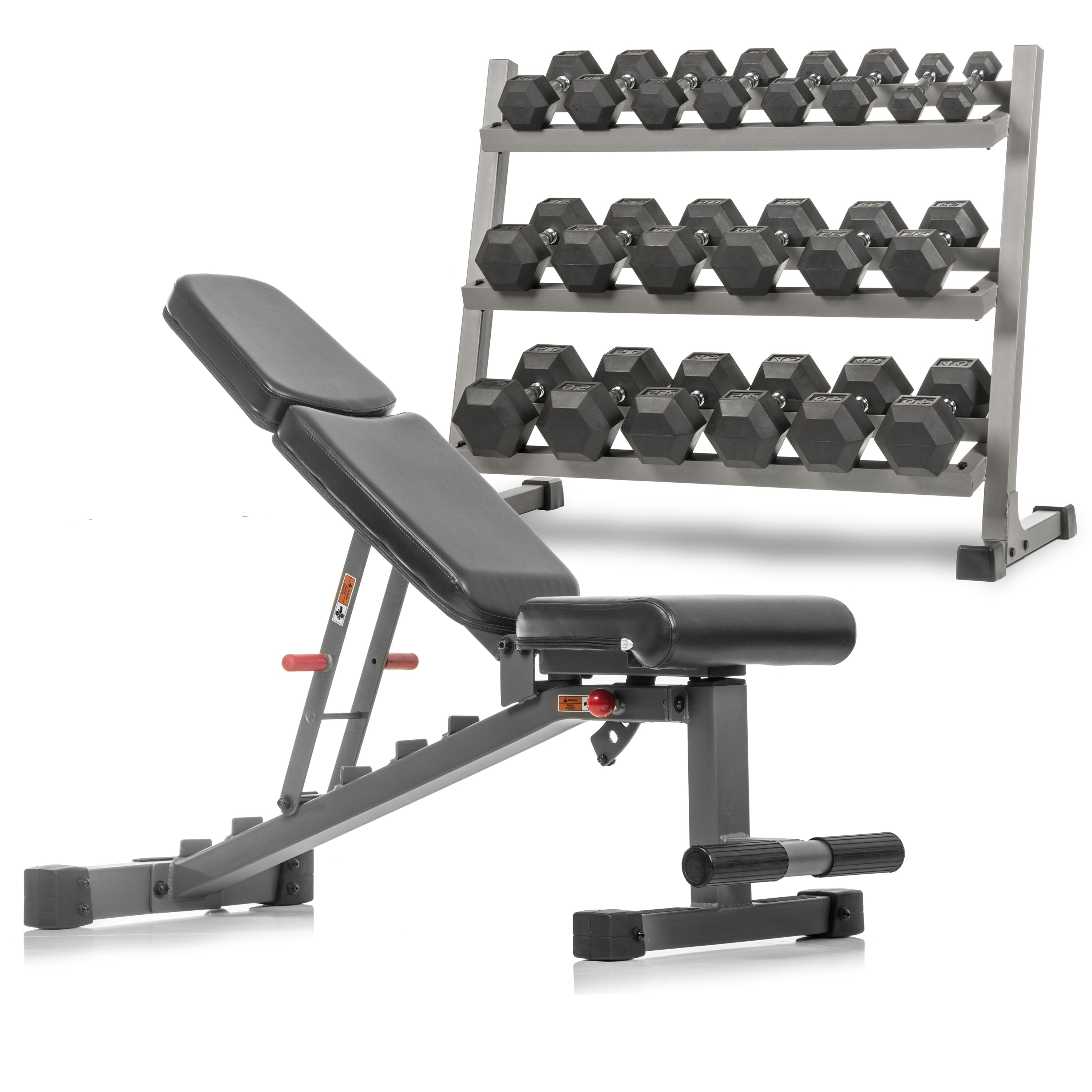 5-50 lb Hex Dumbbell Set with Rack and Weight Bench