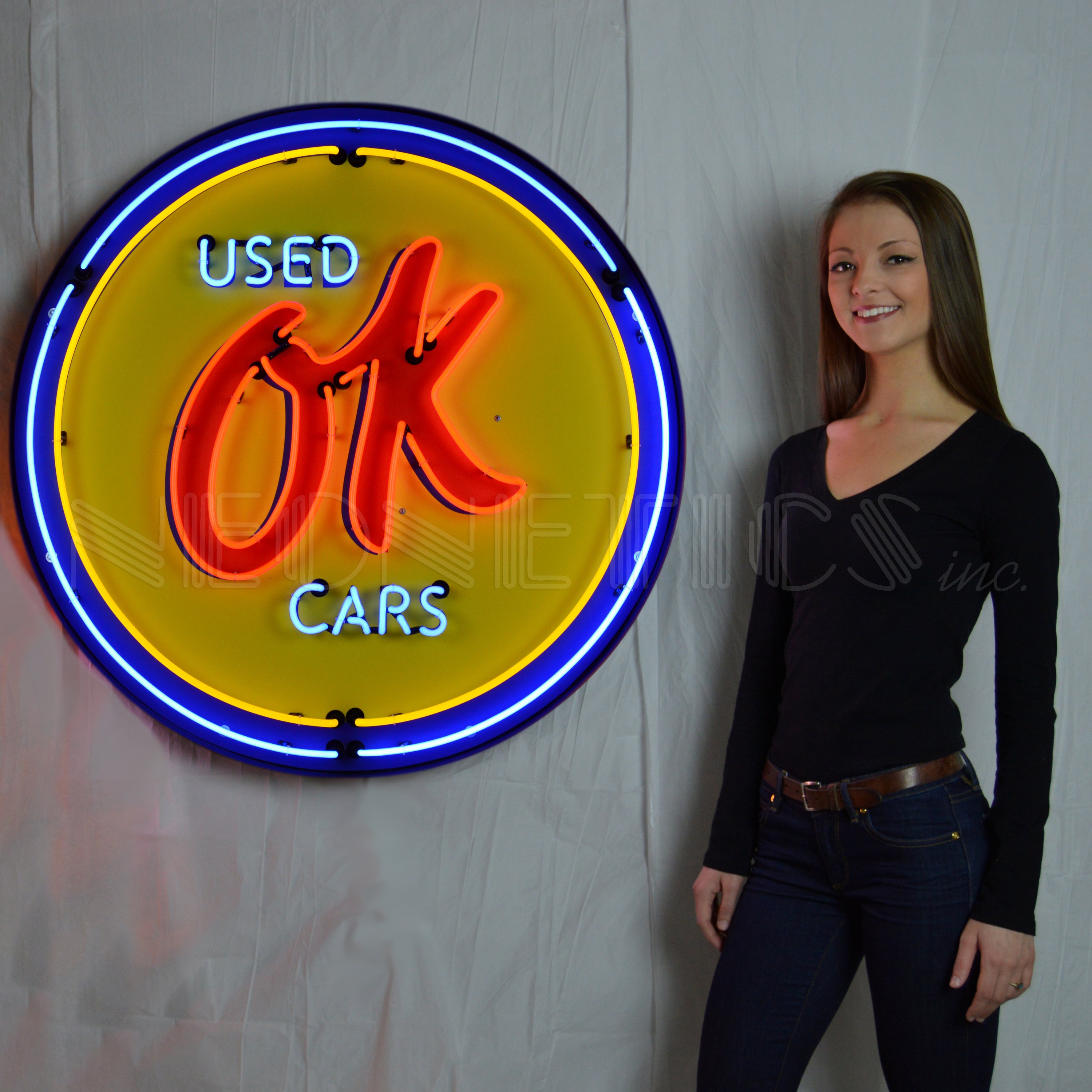 OK USED CARS 36 INCH NEON SIGN IN METAL CAN