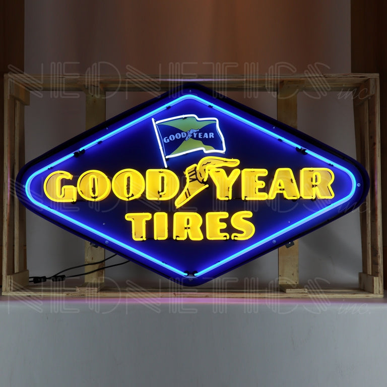 GOODYEAR TIRES DIAMOND NEON SIGN IN SHAPED STEEL CAN