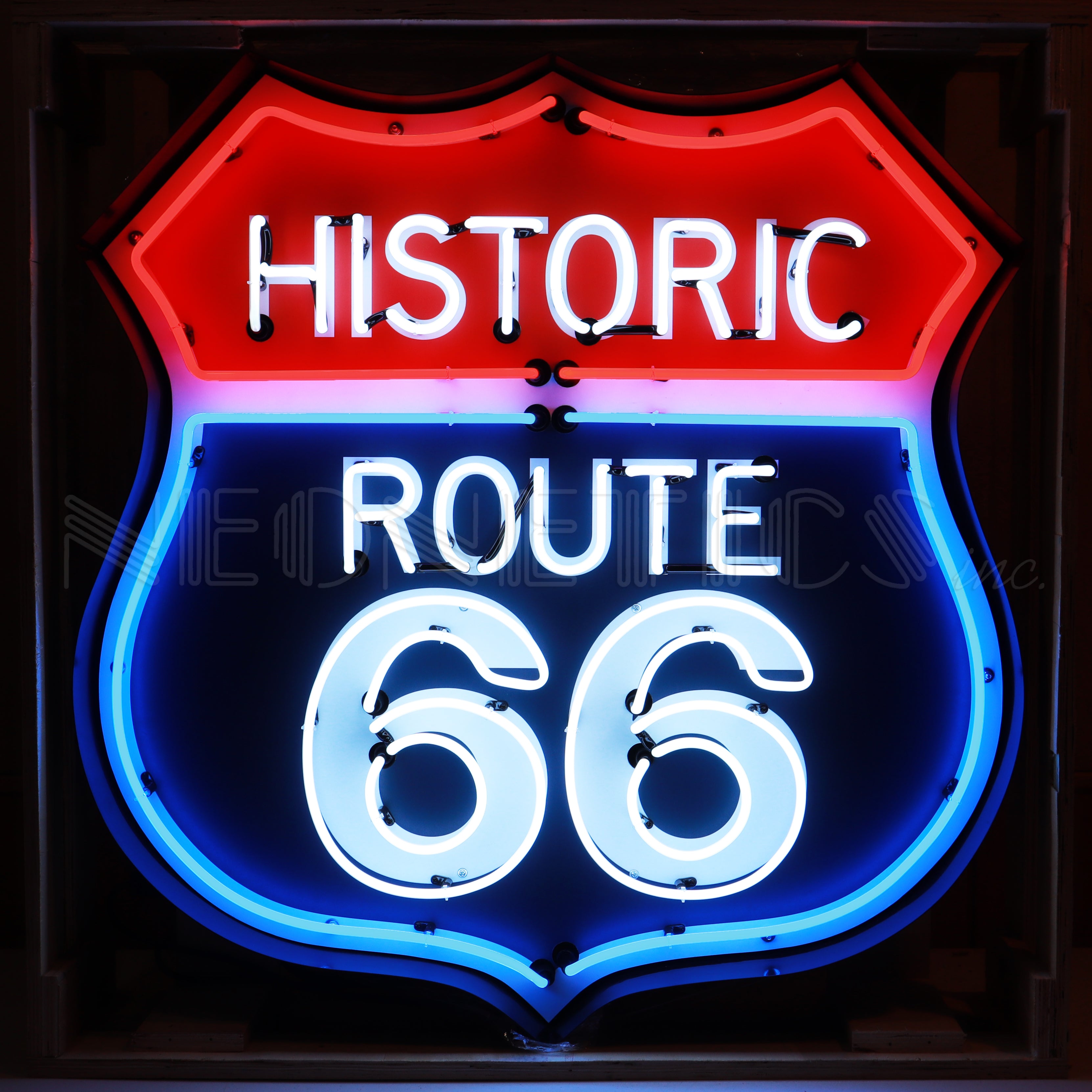 HISTORIC ROUTE 66 NEON SIGN IN SHAPED STEEL CAN