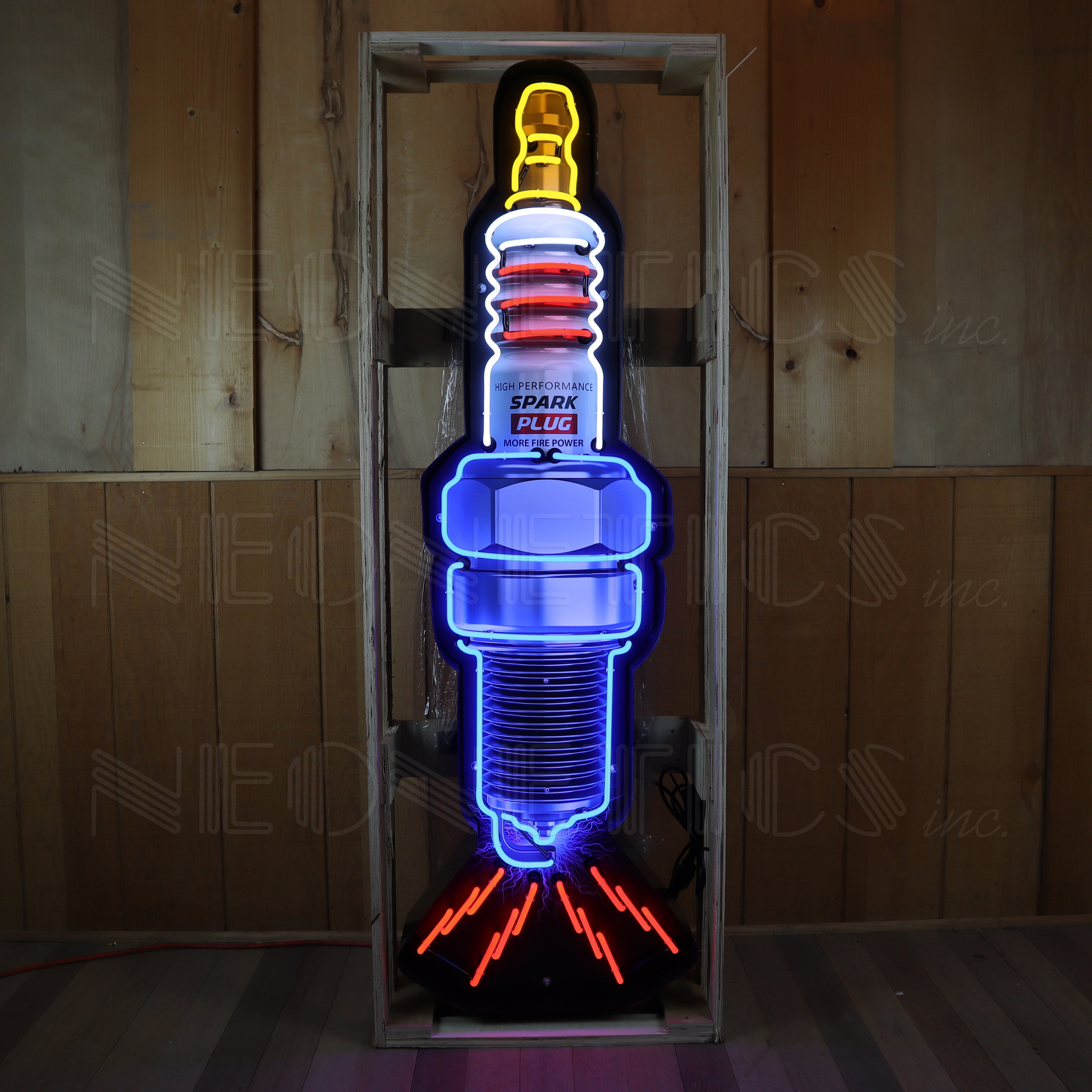 SPARK PLUG NEON SIGN IN SHAPED STEEL CAN