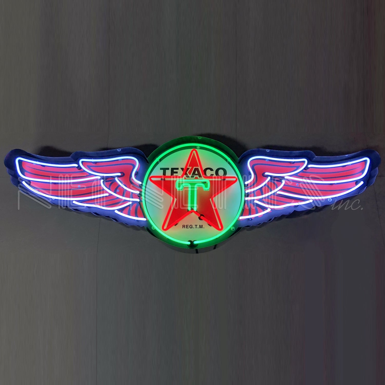 TEXACO WINGS NEON SIGN IN STEEL CAN
