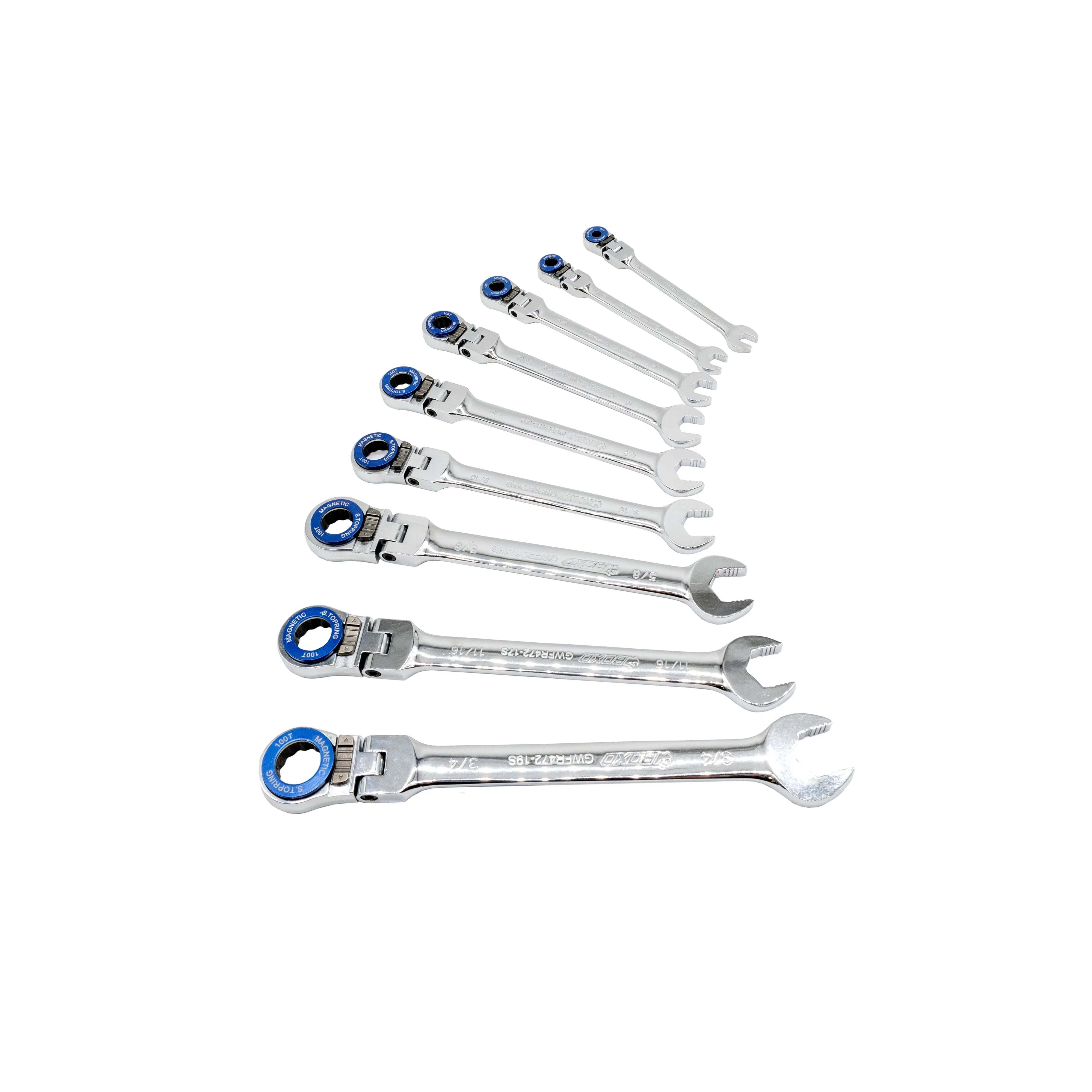 9-Piece Flex Head 100T SAE Ratcheting Combination Wrench Set with Magnetic Stop Ring and Grip Open End | 1/3rd EVA Foam