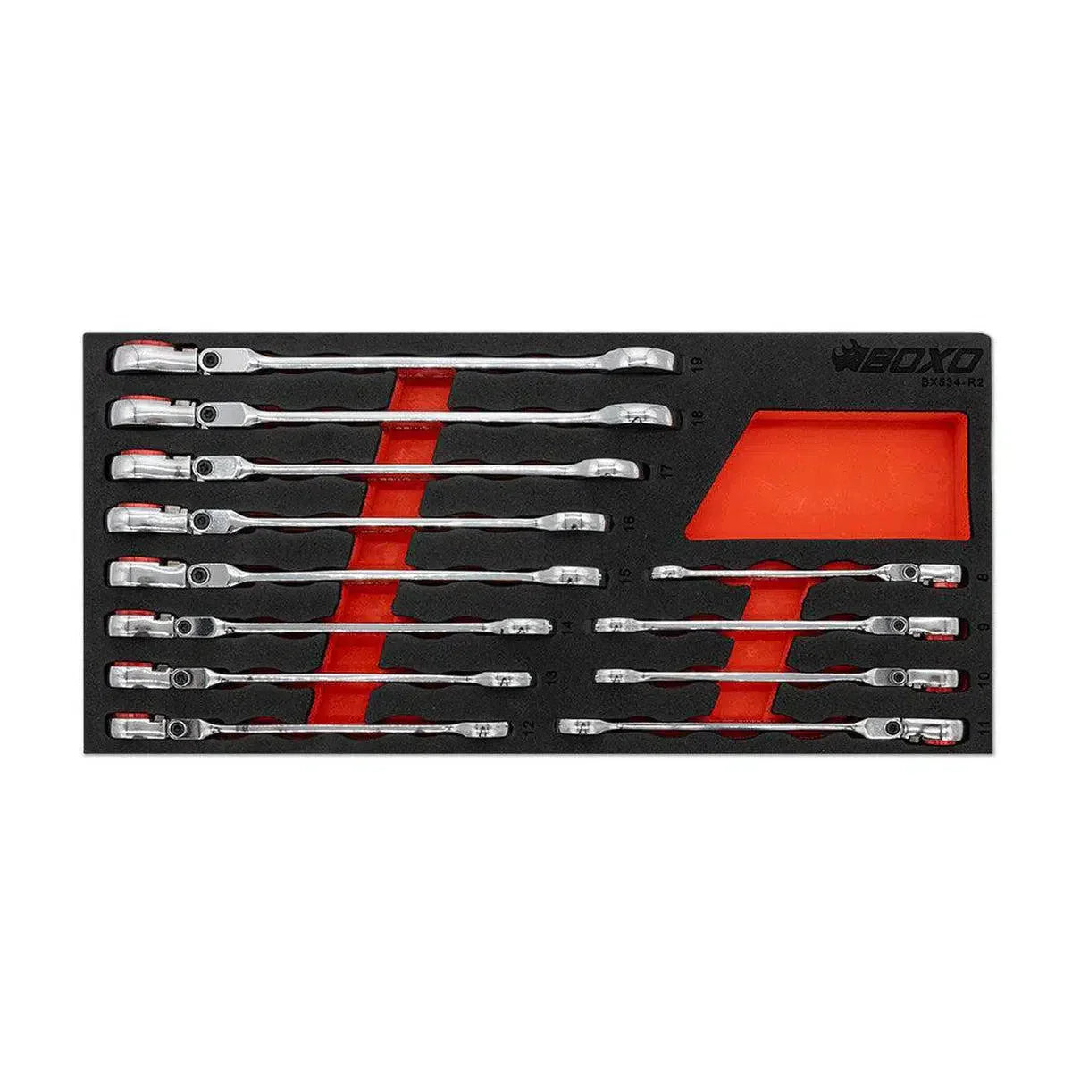 12-Piece Flex Head 100T Metric Ratcheting Combination Wrench Set with Magnetic Stop Ring and Grip Open End | 1/3rd EVA Foam