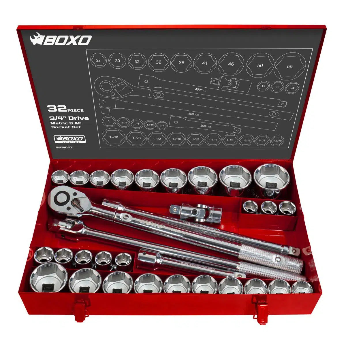 32-Piece Metric & SAE 3/4" Drive 6-Point Socket Set And Ratchet