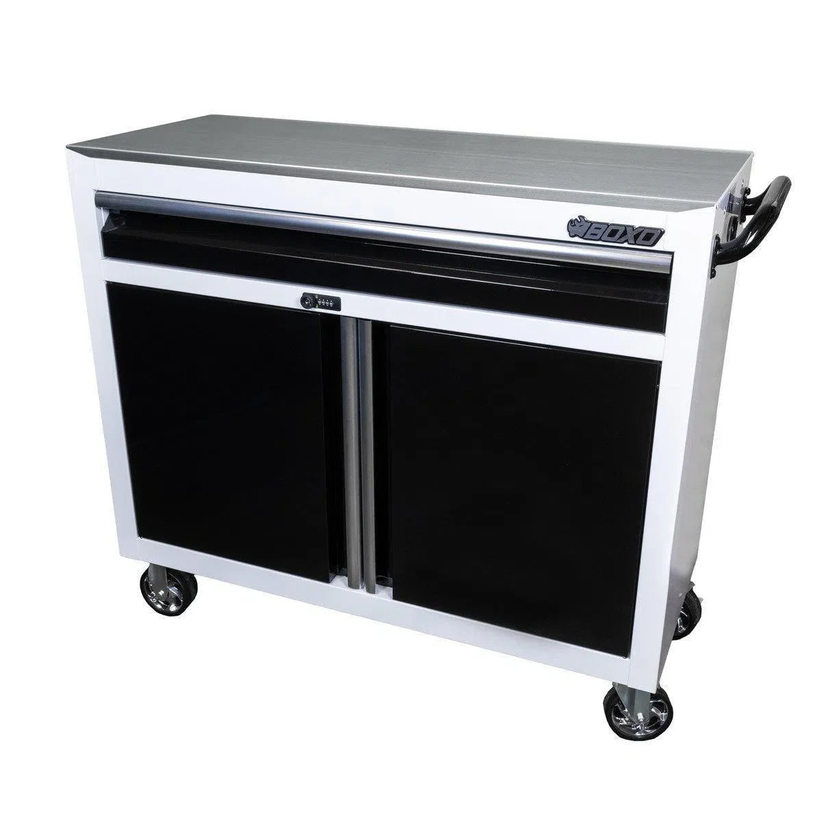 Tech Series | 45" Rolling Display Cabinet with Stainless Steel Countertop | White