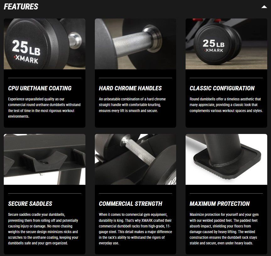 Round Commercial Urethane Dumbbells  (5-50 lb and 5-75 lb Sets)