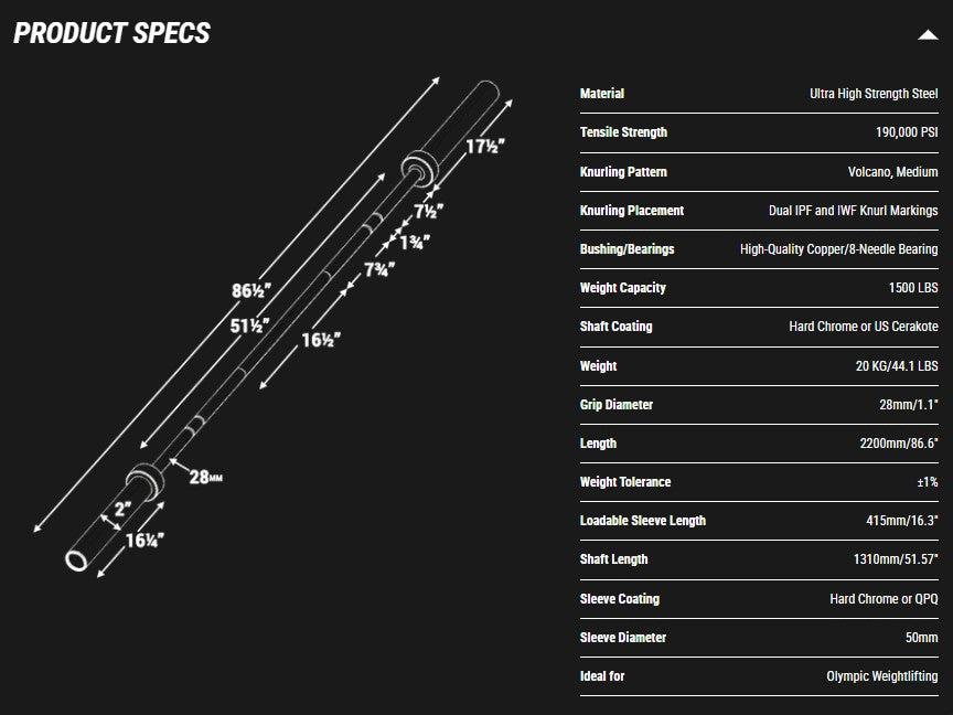 Catahoula IWF Men’s Training Bar, 190,000 PSI, 28mm Grip, US Cerakote