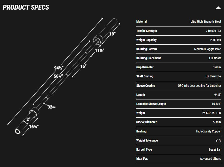Big Easy® Squat Bar, 210,000 PSI, Weighs 25kg with 32mm Grip