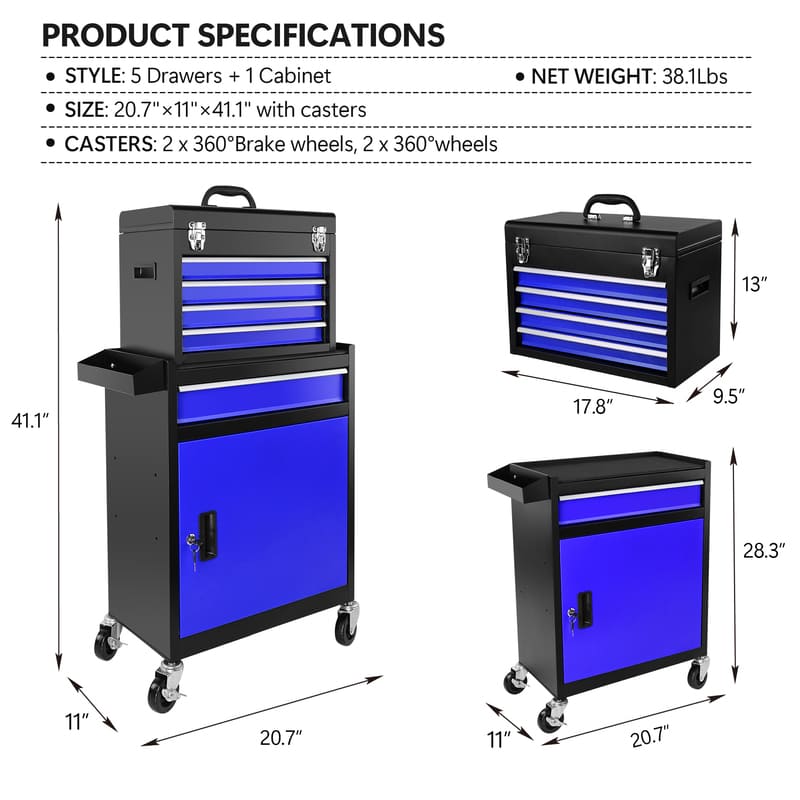 5-Drawer Metal Tool Cart for Garage Workshop