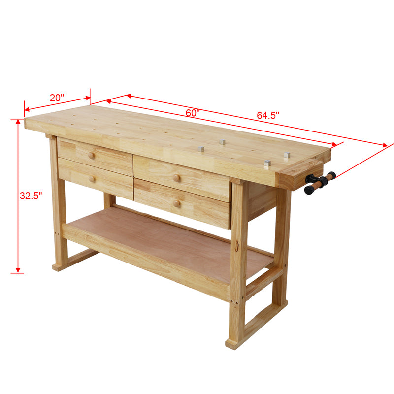 60in Workbench with 4 Drawers Wooden Workbench for Garage Workshop