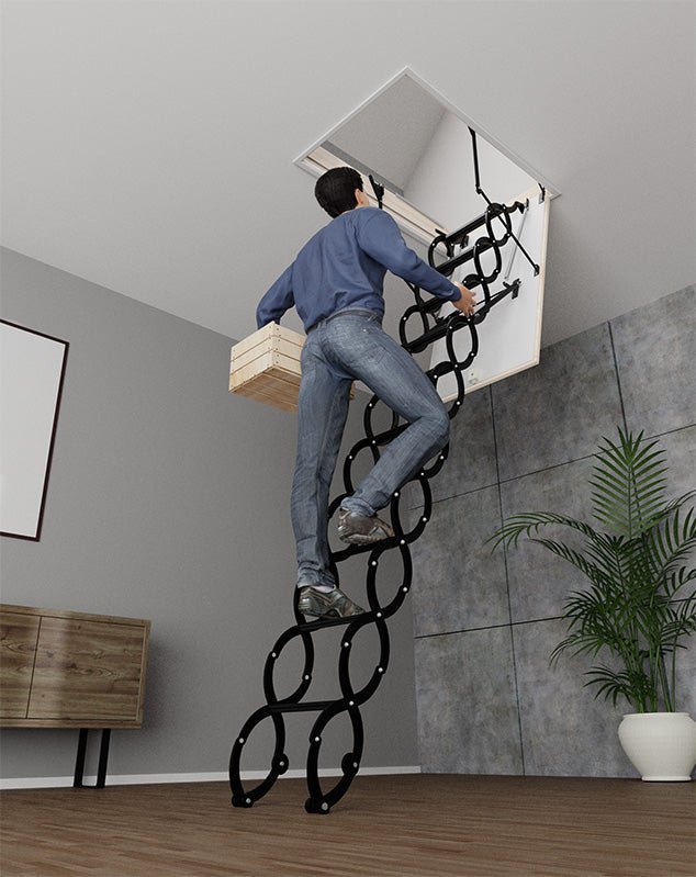 COMP Metal Insulated Scissors Attic Ladder 9 ft - 9.5 ft (Rough Opening: 24.25" x 32.25") with 352 - lb Load Capacity - Garage Rebel