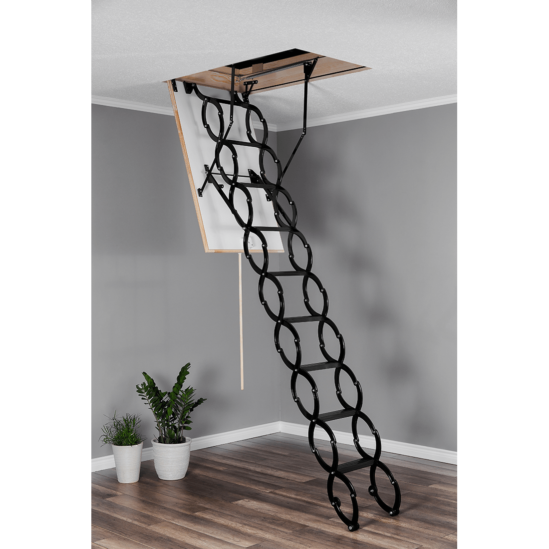 COMP Metal Insulated Scissors Attic Ladder 9 ft - 9.5 ft (Rough Opening: 24.25" x 32.25") with 352 - lb Load Capacity - Garage Rebel