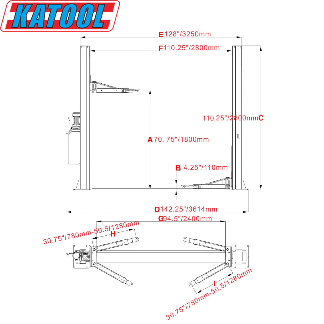 KT-H100 Two Post Lift 10,000lbs Capacity